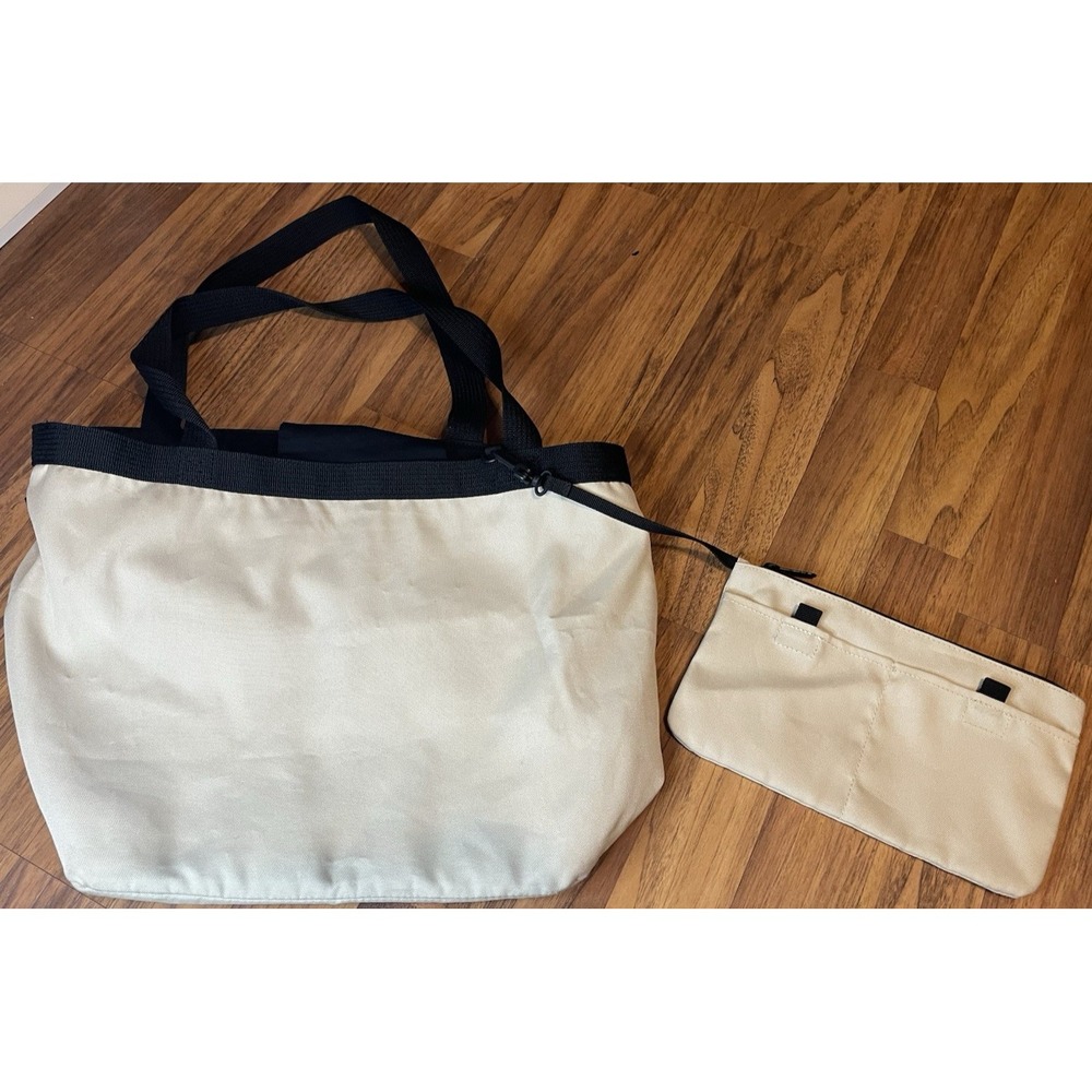 L.L.Bean Canvas Tote Bag Beige Black Zip Top Detachable Organizer Shoulder Large